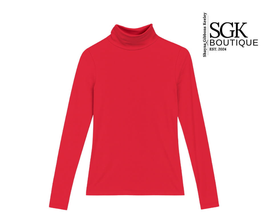 Red turtleneck sweater on a white background with SGK Boutique logo.
