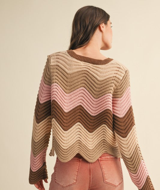 Person wearing a patterned sweater and pink pants on a beige background