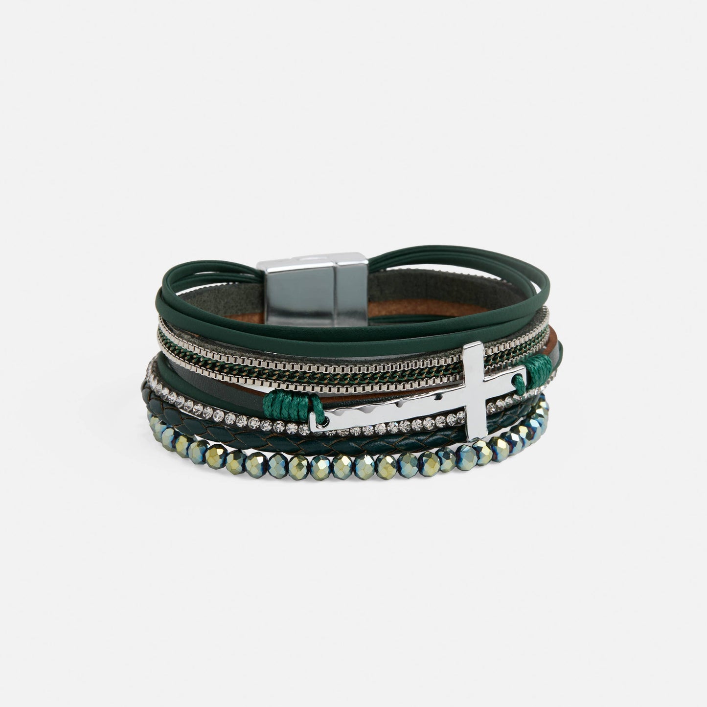 Multistrand bracelet with green leather and metal components on a white background