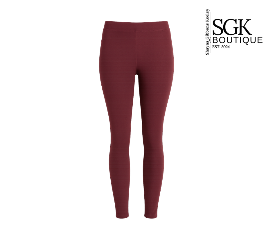 Maroon leggings on a white background with SGK Boutique logo.