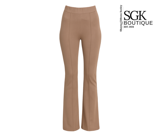 Tan pants on a white background with SGK Boutique logo.