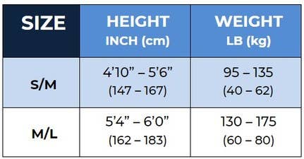 Size chart with height and weight ranges for S/M and M/L categories.