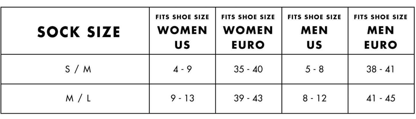 Table showing sock size chart with shoe size conversions for women and men.
