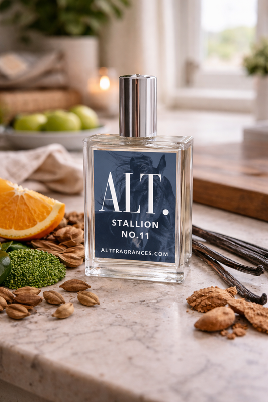 Perfume bottle labeled 'ALT Stallion No. 11' on a marble surface with ingredients.