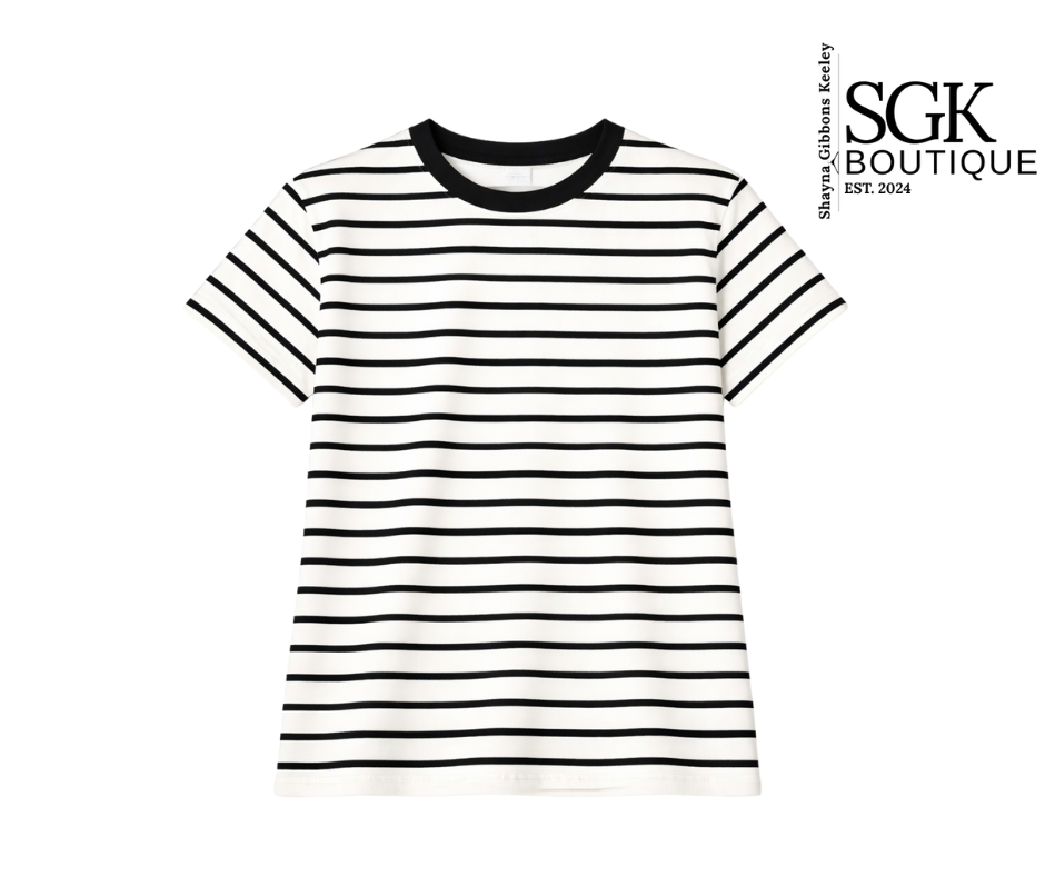 Black and white striped t-shirt on a white background with SGK Boutique logo.