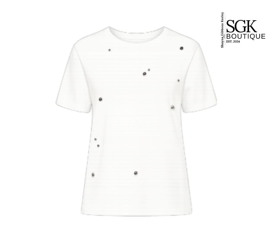 White t-shirt with black buttons on a white background, featuring SGK Boutique logo.