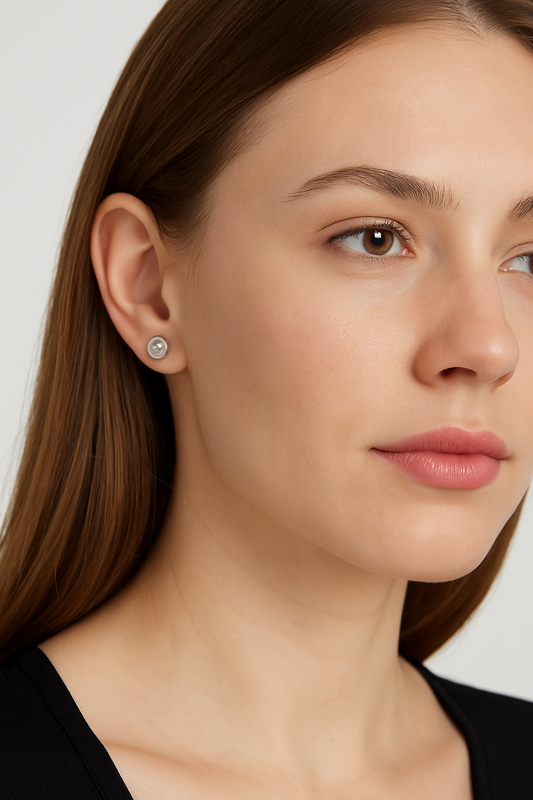 Close-up of a woman wearing a diamond earring on a white background