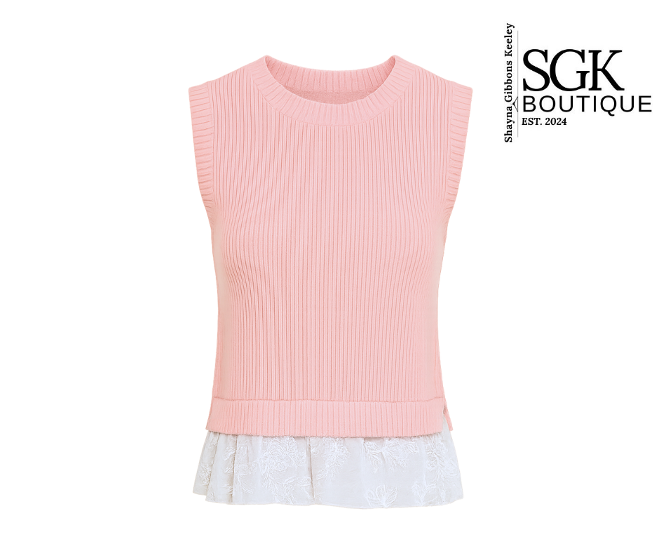 Pink sleeveless top with white hem on a white background, featuring SGK Boutique logo.