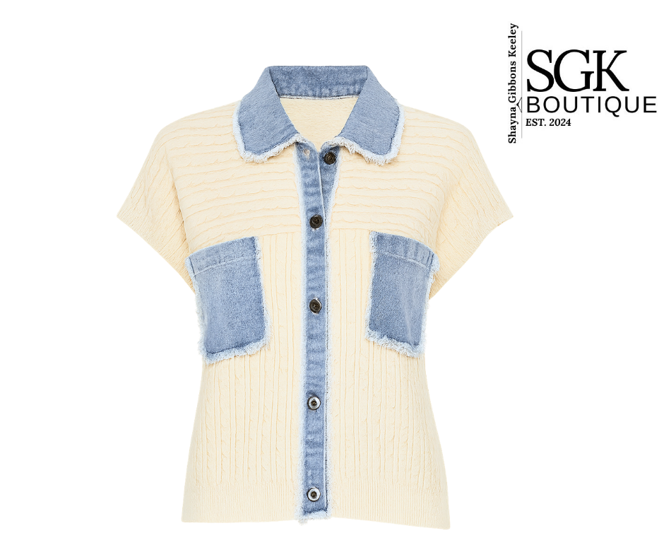 Beige shirt with denim collar and patchwork design on a white background, featuring SGK Boutique logo.