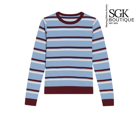 Striped sweater with blue, red, and white colors on a white background, featuring SGK Boutique logo.