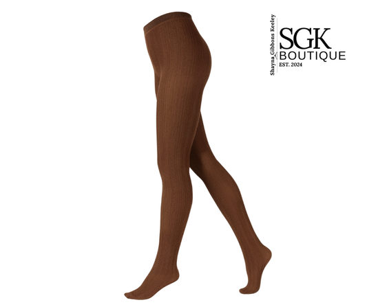 Brown tights on a white background with SGK Boutique logo.
