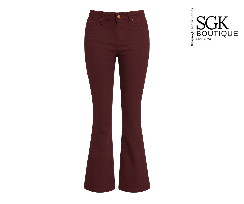 Maroon flared pants on a white background with SGK Boutique logo.