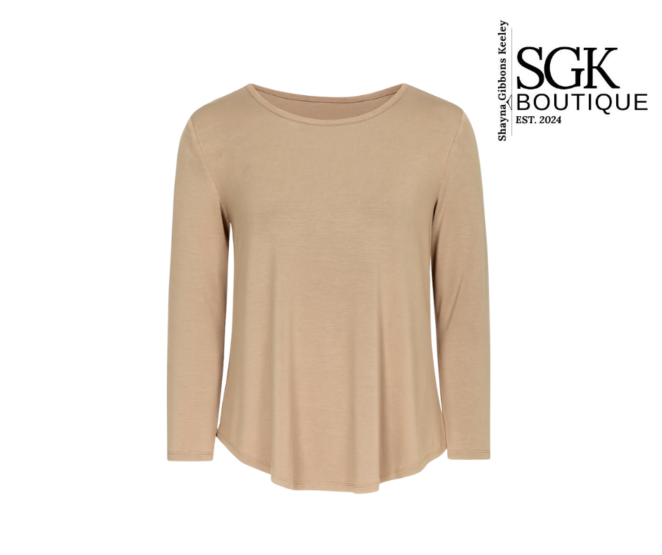Beige long-sleeve top on a white background with SGK Boutique logo.