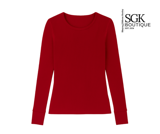 Red long-sleeve shirt on a white background with SGK Boutique branding.