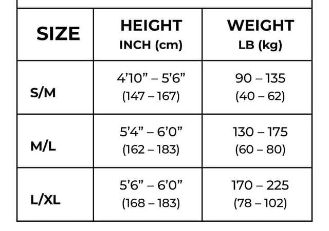 Size chart for MeMoñ clothing with height and weight ranges.