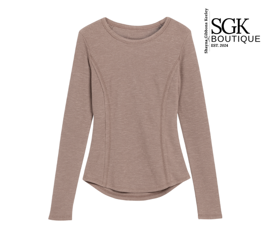 Mocha long-sleeve top on a white background with SGK Boutique logo.