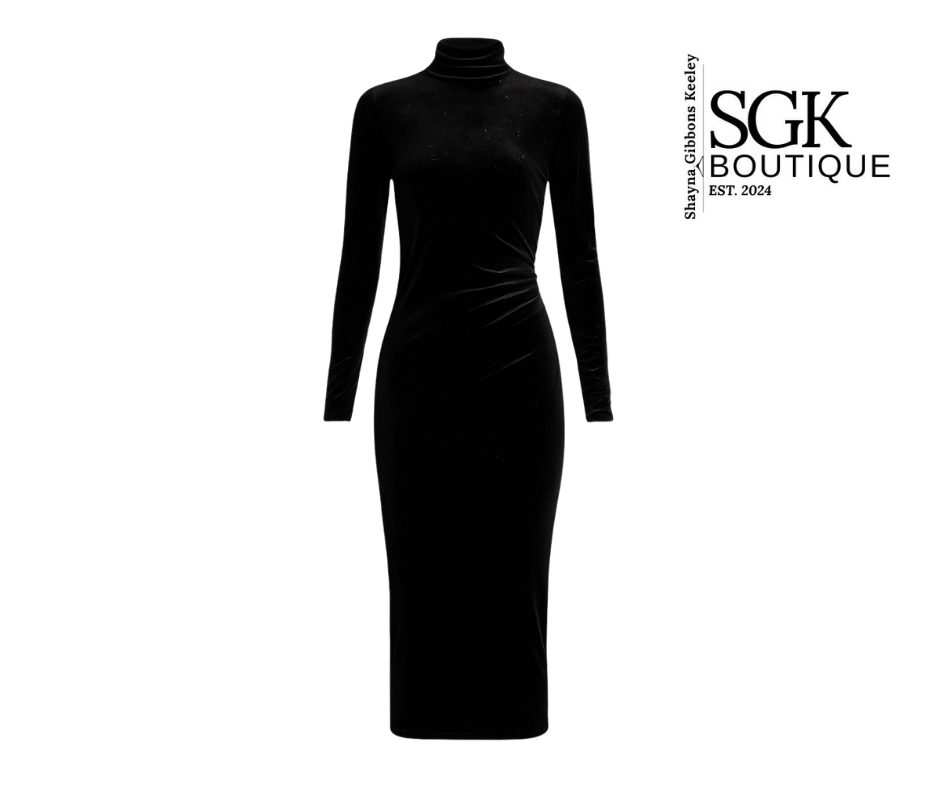 Black dress with long sleeves on a white background, featuring SGK Boutique branding.