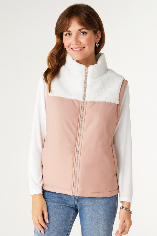 Woman wearing a two-tone vest with a white and pink design on a plain background