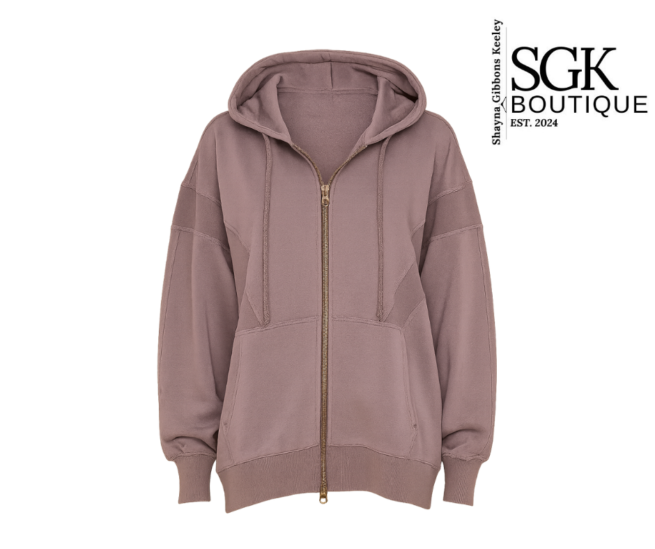 Purple hoodie with a gold zipper on a white background, featuring the SGK Boutique logo.
