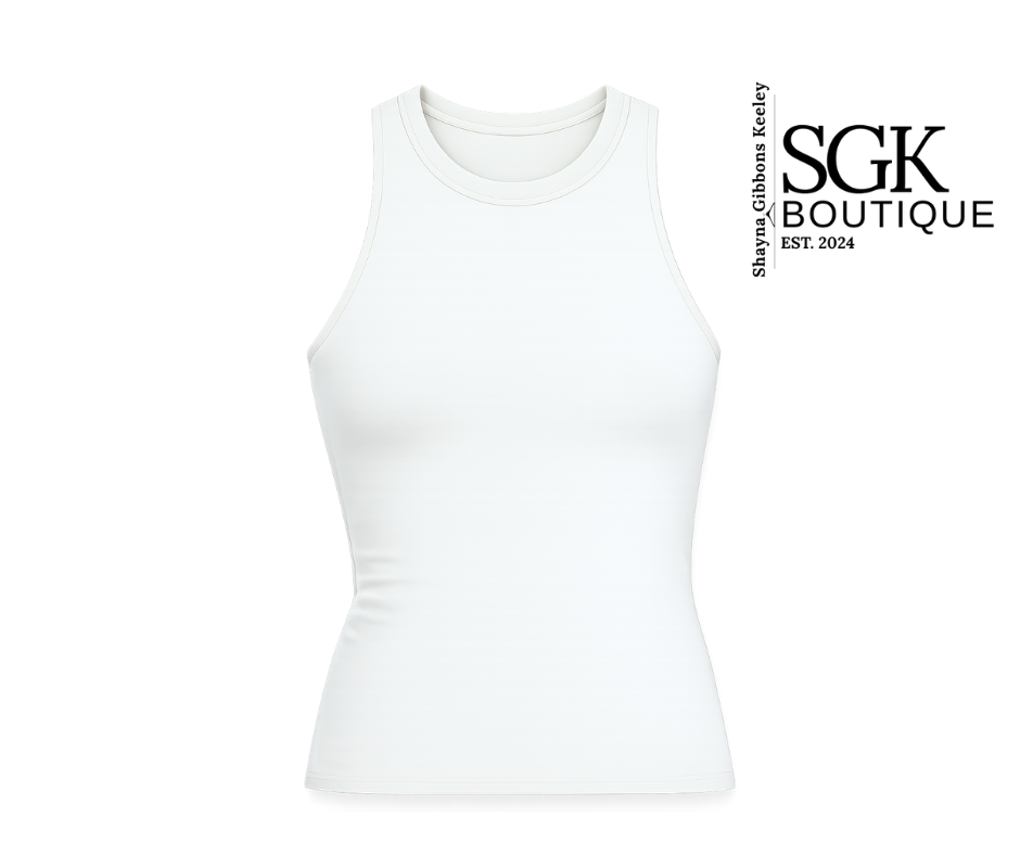 White tank top on a white background with SGK Boutique branding.