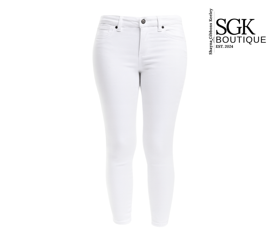 White jeans on a white background with SGK Boutique logo.