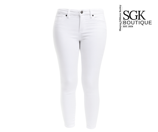 White jeans on a white background with SGK Boutique logo.