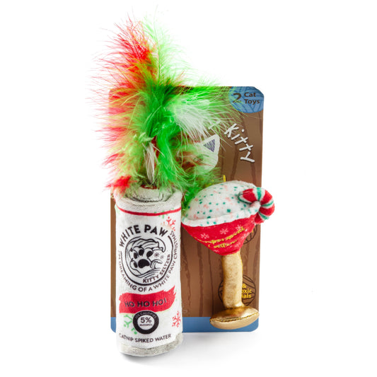 Cat toy with colorful feathers and a wooden mace, displayed with White Paw product on a white background.