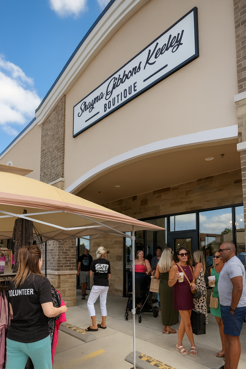 People outside a store with a SGK above the entrance