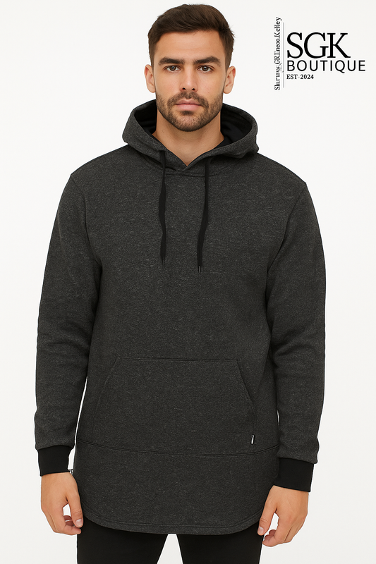 Man wearing a dark gray hoodie with SGK Boutique branding on a white background