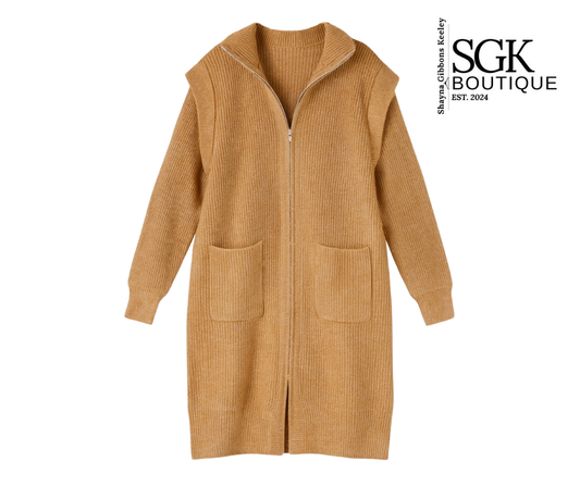 Brown zip-up cardigan with pockets on a white background, featuring SGK Boutique logo.