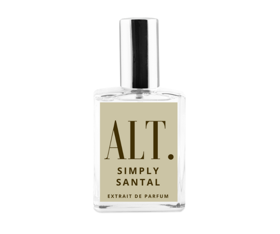 Perfume bottle labeled 'ALT. Simply Santal' on a white background
