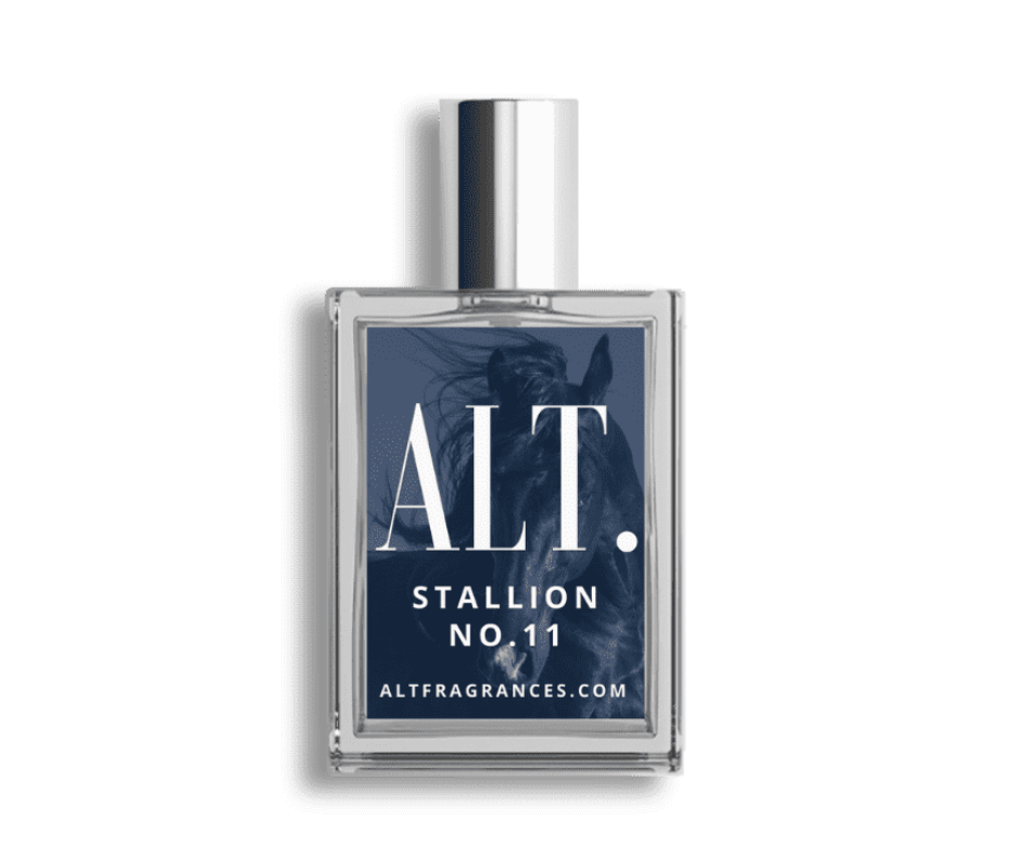 Perfume bottle labeled 'Stallion No. 11' by ALT on a white background
