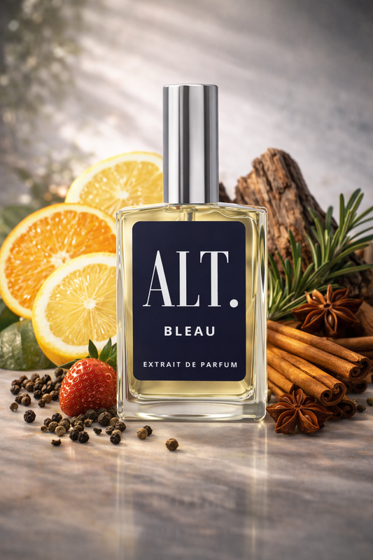 Perfume bottle labeled 'ALT. BLEAU' with fruits and spices on a reflective surface