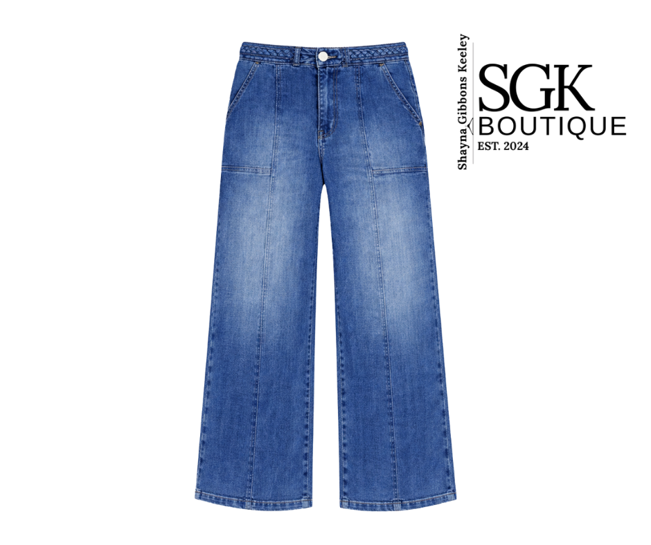 Blue jeans with SGK Boutique logo on a white background