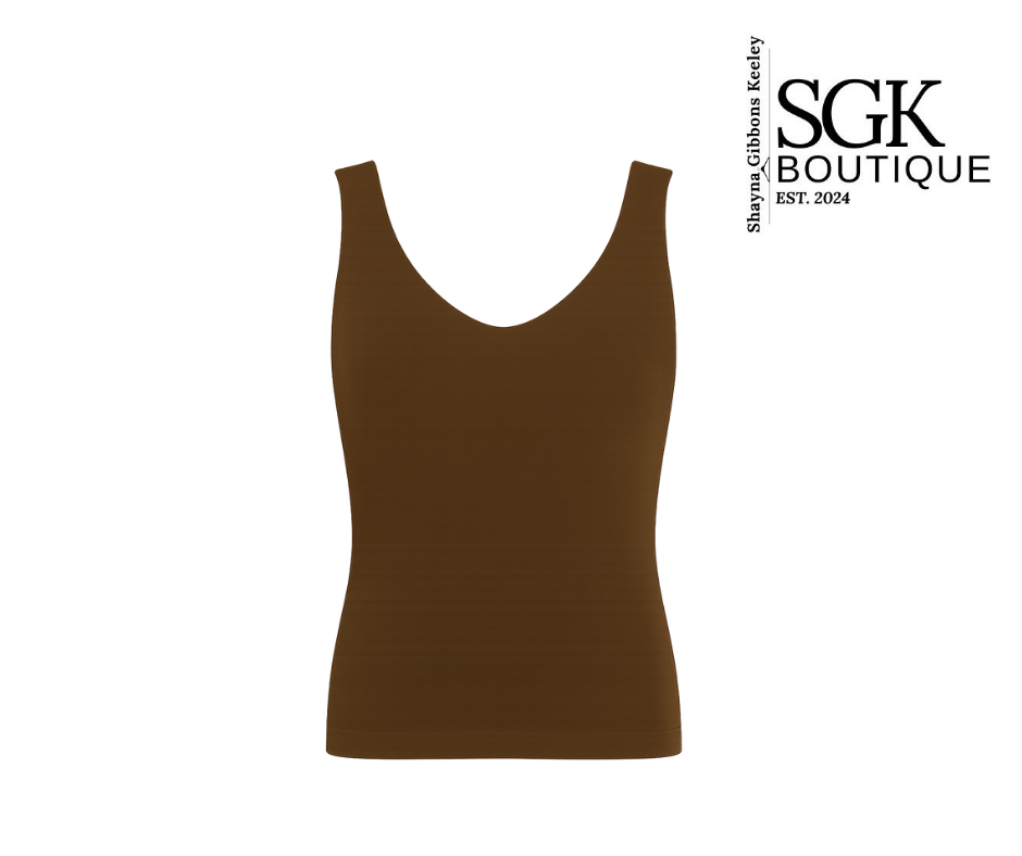 Brown tank top on a white background with SGK Boutique logo.