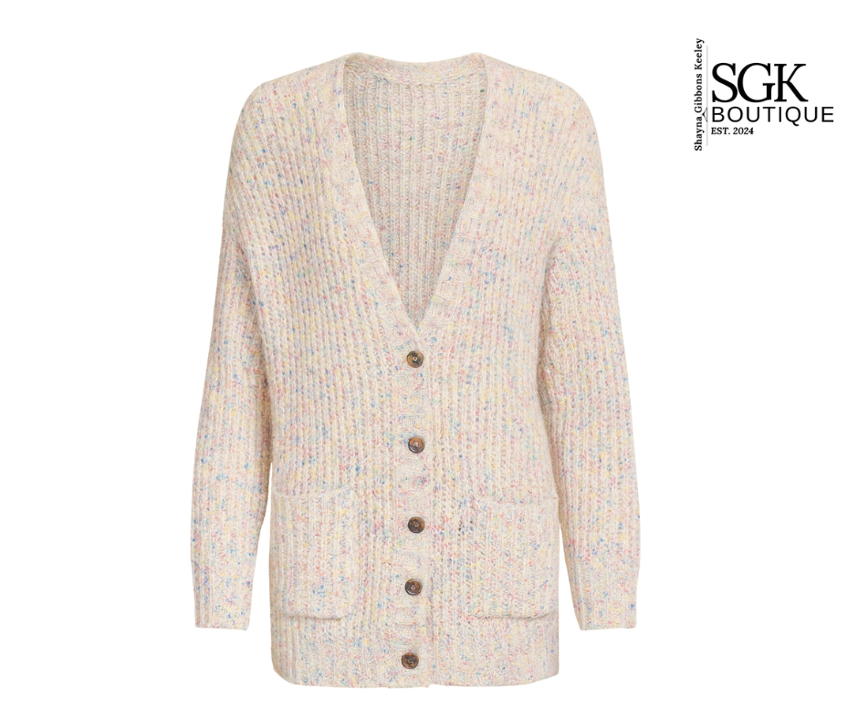 Beige cardigan with buttons on a white background, featuring SGK Boutique logo.