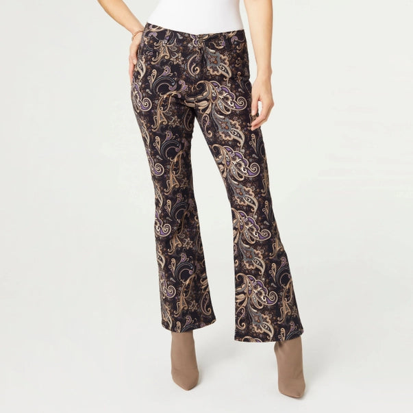 Patterned pants worn by a person on a white background