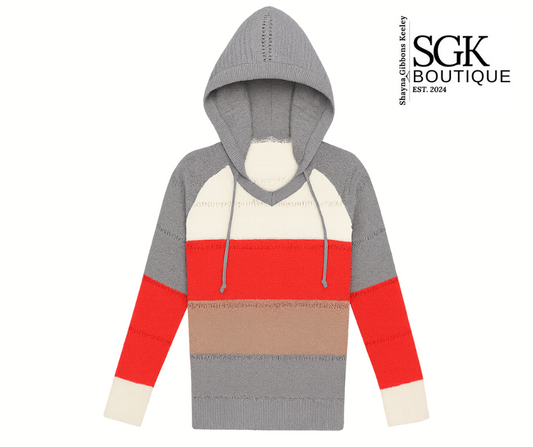 Color-blocked hoodie with gray, red, and beige sections on a white background, featuring SGK Boutique logo.