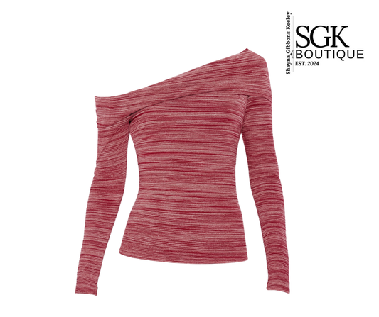 Red off-shoulder top on a white background with SGK Boutique logo.