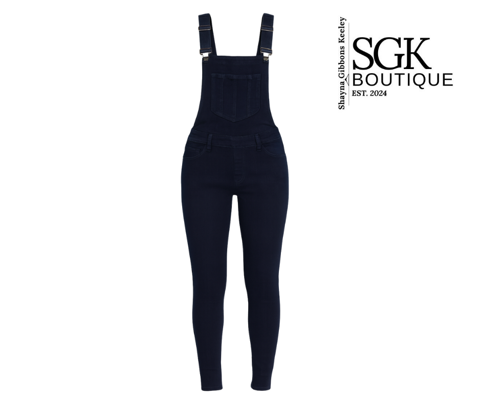 denim overalls on a white background with SGK Boutique branding.