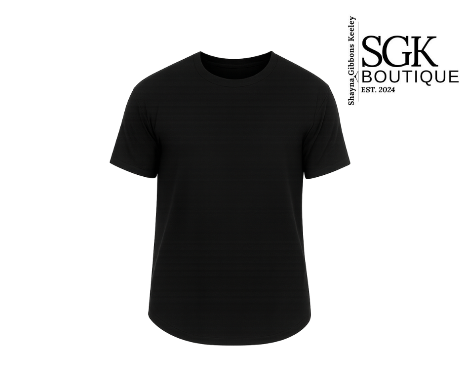 Black t-shirt on a white background with SGK Boutique logo.