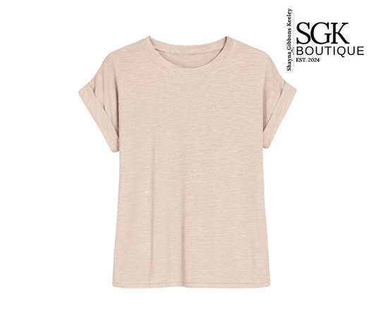 Beige t-shirt on a white background with SGK Boutique logo.