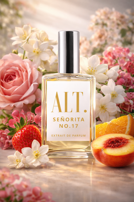 Perfume bottle labeled 'ALT. Señorita No. 17' surrounded by flowers and fruits on a blurred floral background