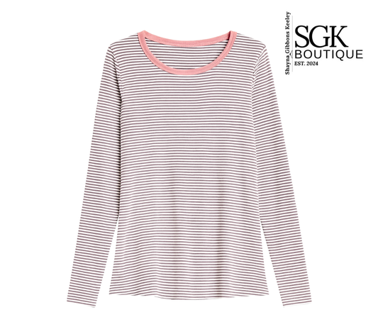 Striped long-sleeve shirt with pink neckline on a white background, featuring SGK Boutique logo.
