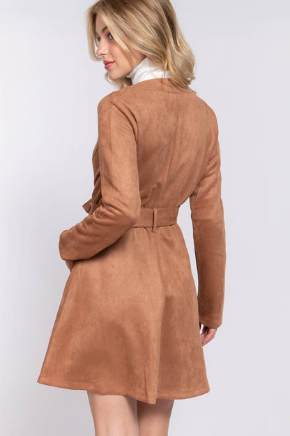 V-Neck Zip-Up Belted Faux Suede Dress Jacket