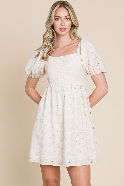 PUFF SLEEVE EYELET DRESS