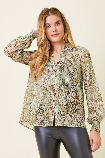 Leopard Print Pintuck Blouse