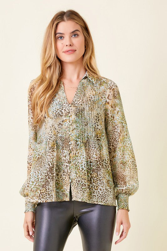 Leopard Print Pintuck Blouse