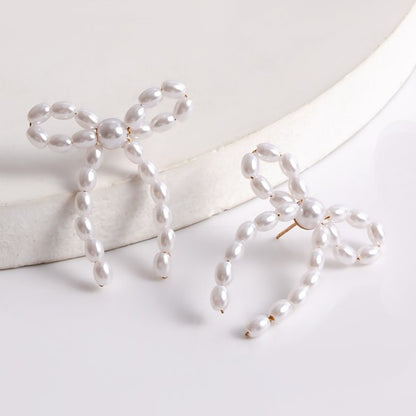 Trendy Beaded Pearl Bow Tie Earrings