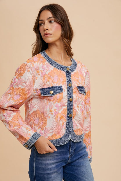 FLORAL PRINT DENIM TRIM BLAZER